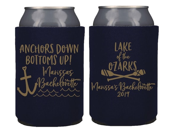 Lake Bachelorette Party Favors | Anchors Down Bottoms Up Lake Bachelorette Can Coolers |  Ozarks Bachelorette | Lake Camping Trip Favors