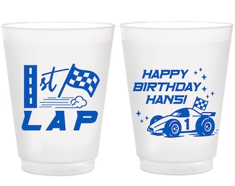 Vasos para fiesta de primer cumpleaños "Primera Vuelta" / Primer cumpleaños con temática de coches de carreras / Recuerdos de cumpleaños de coches / Fiesta infantil de carreras / Vasos flexibles esmerilados de 473 ml