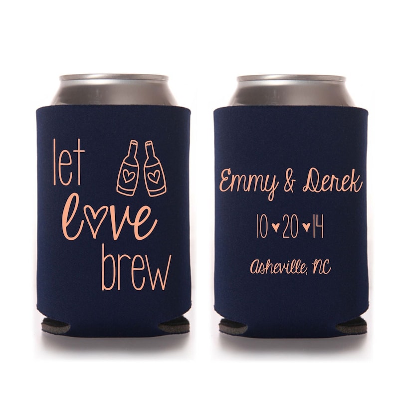 Let Love Brew Personalized Wedding Can Coolers Custom Wedding Welcome Bag Favors for Guests in Bulk, Destination Fall Rustic Wedding Ideas image 1