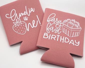 Berry First Birthday Can Coolers | Strawberry Party Favors | Personalized 1st Birthday - Small Batch Option