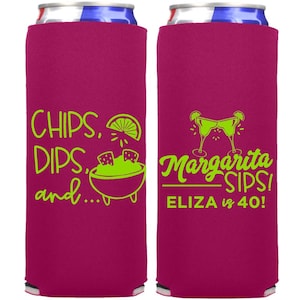 Chips Dips and Margarita Sips Birthday Party Favors | Fiesta Birthday Seltzer Can Coolers | Margaritas Birthday Party Coolies | Slim 12oz