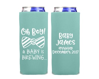 Baby Shower Favors - Oh Boy A Baby Is Brewing Personalized Slim Can Coolers, Coed Gender Reveal Party Gifts 12oz SLIM