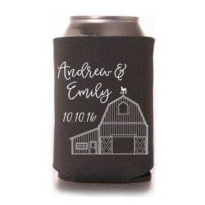 Wedding Favors | Personalized Barn Farm Rustic Wedding Can Coolers | Southern Wedding Favors | Country Wedding | Reception Favors for Guests