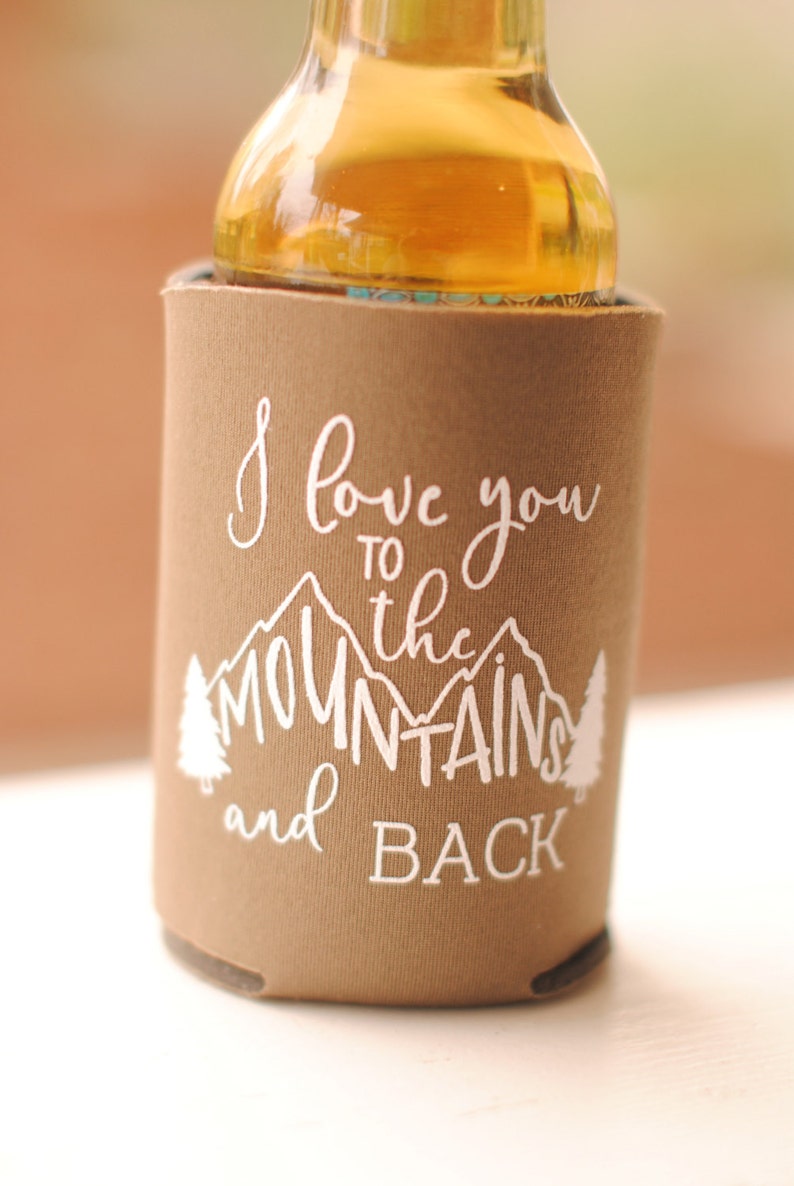Fall Wedding Favors Personalized Rustic Mountain Wedding Can Coolers Destination Favors for Guests Stubby Holders Wedding Coolies