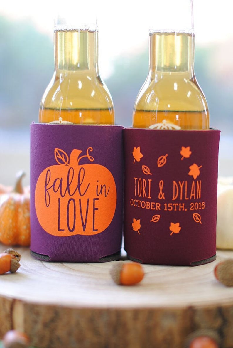 Fall in Love Pumpkin Leaf Personalized Wedding Can Coolers Wedding Favors for Guests, Destination Mountain Weddings, Welcome Bag Favors image 1