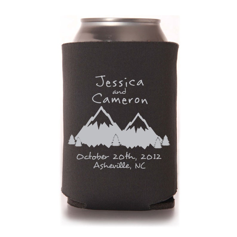 Fall Wedding Favors Personalized Rustic Mountain Wedding Can Coolers Destination Favors for Guests Stubby Holders Wedding Coolies