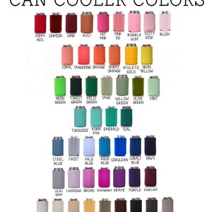 May include: A chart of 36 different colors for can coolers. The colors are arranged in rows and columns, with the names of each color listed below the corresponding can cooler.