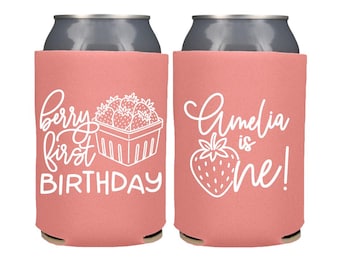 Strawberry Berry First Birthday Party Can Coolers: Personalized Party Favors