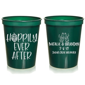 Hoppily Ever After Brewery Wedding Cups | Custom Wedding Cups | Rehearsal Dinner Cups | Hops Beer Wedding Party Cups | 16 oz. Plastic Cups