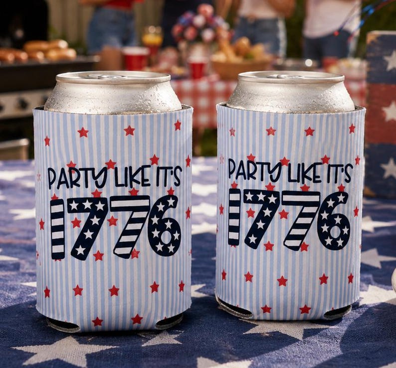 May include: Two cylindrical foam can coolers featuring a light blue and white vertical striped pattern with small red stars. The text "PARTY LIKE IT'S 1776" is printed in dark blue, with the numbers "1776" styled in patriotic stripes and stars.