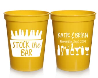 Engagement Party Favors - Stock the Bar Personalized Housewarming and Wedding Cups, Couples Shower Favors, I do BBQ, New Home, 16 oz. cups