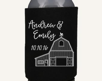 Personalized Barn Wedding Can Coolers | Rustic Farm Wedding Favors | Custom Country Reception Drink Holders