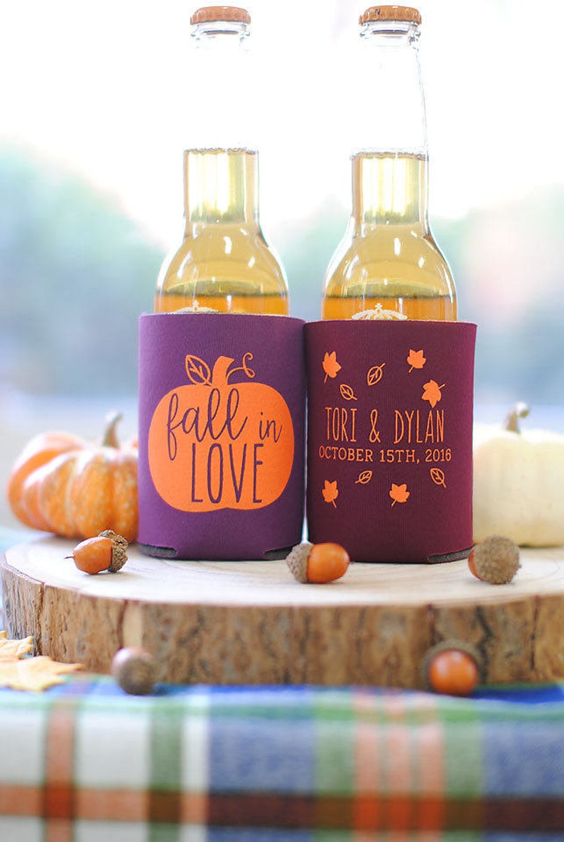 Fall in Love Pumpkin Leaf Personalized Wedding Can Coolers Wedding Favors for Guests, Destination Mountain Weddings, Welcome Bag Favors image 4