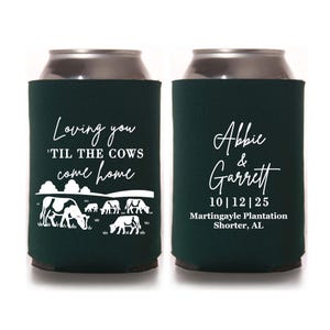 Farm Wedding Can Coolers – Rustic Barn Personalized Favors “’Til the Cows Come Home”