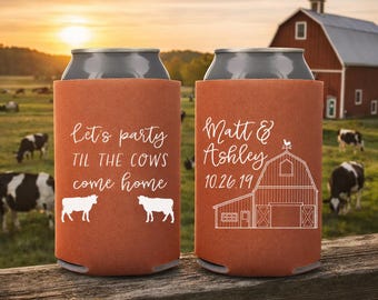 Custom Barn Wedding Can Coolers | Personalized Rustic Cattle Farm
