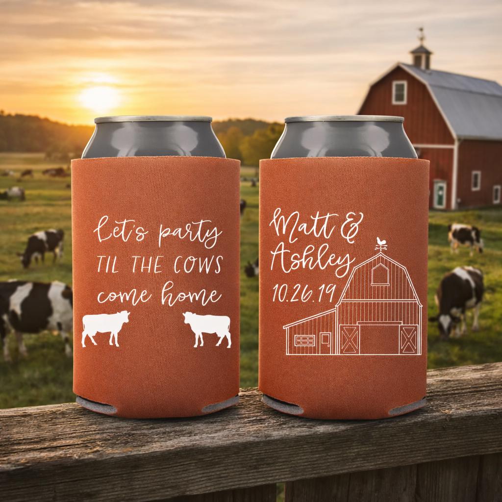 Custom Barn Wedding Can Coolers | Personalized Rustic Cattle Farm