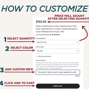 Op de afbeelding: Een instructieve afbeelding met de titel HOW TO CUSTOMIZE die vier stappen toont voor het bestellen van gepersonaliseerde feestbekers. Het toont een productpagina-interface met vervolgkeuzemenu's voor aantal en kleur, en een tekstveld.