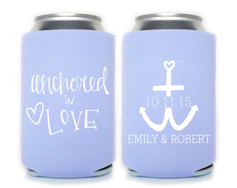 Beach Wedding Favors - Anchored in Love Nautical Personalized Can Coolers, Destination Wedding Favors for Guests, Wedding Decorations