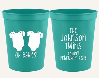 Oh Babies Twin Baby Shower Cups | Personalized Twin Pregnancy Favors | 16oz Stadium