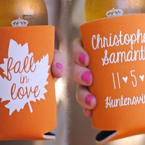 Fall in Love Fall Wedding Favors | Custom Fall in Love Favors | Wedding Can Coolers | Rustic Autumn Wedding | Fall Leaves | Fall Wedding