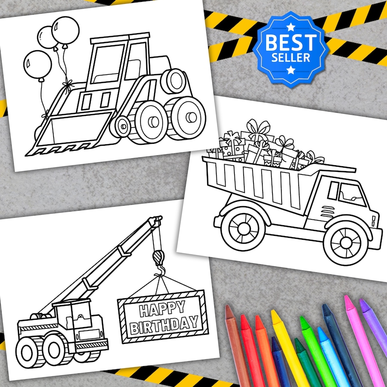 K&ouml;nnte beinhalten: Schwarz-Wei&szlig;-Strichzeichnungen von Baumaschinen und Geschenken auf wei&szlig;em Papier. Eine Zeichnung zeigt einen Bulldozer mit Luftballons, eine andere einen Muldenkipper voller Geschenke und eine dritte einen Kran mit einem "Happy Birthday"-Schild. Ein "Best Seller"-Abzeichen ist sichtbar.