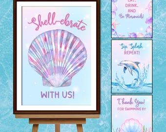 May include: Three printable signs with a mermaid theme. The first sign features a large iridescent seashell with the text "Shell-ebrate with us!" The second sign features a dolphin jumping out of the water with the text "Sip. Splash. Repeat!" The third sign features a closed seashell with a pearl inside and the text "Thank you! For swimming by."