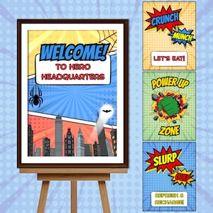Superhero Birthday Display Signs, Superhero Birthday Welcome Sign, Superhero Birthday Signs, Superhero Theme Party Signs,