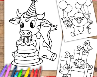 農場の誕生日ぬり絵、農場の動物ぬり絵、農場パーティーアクティビティ、農場テーマの印刷物、農場テーマの子供パーティーの記念品