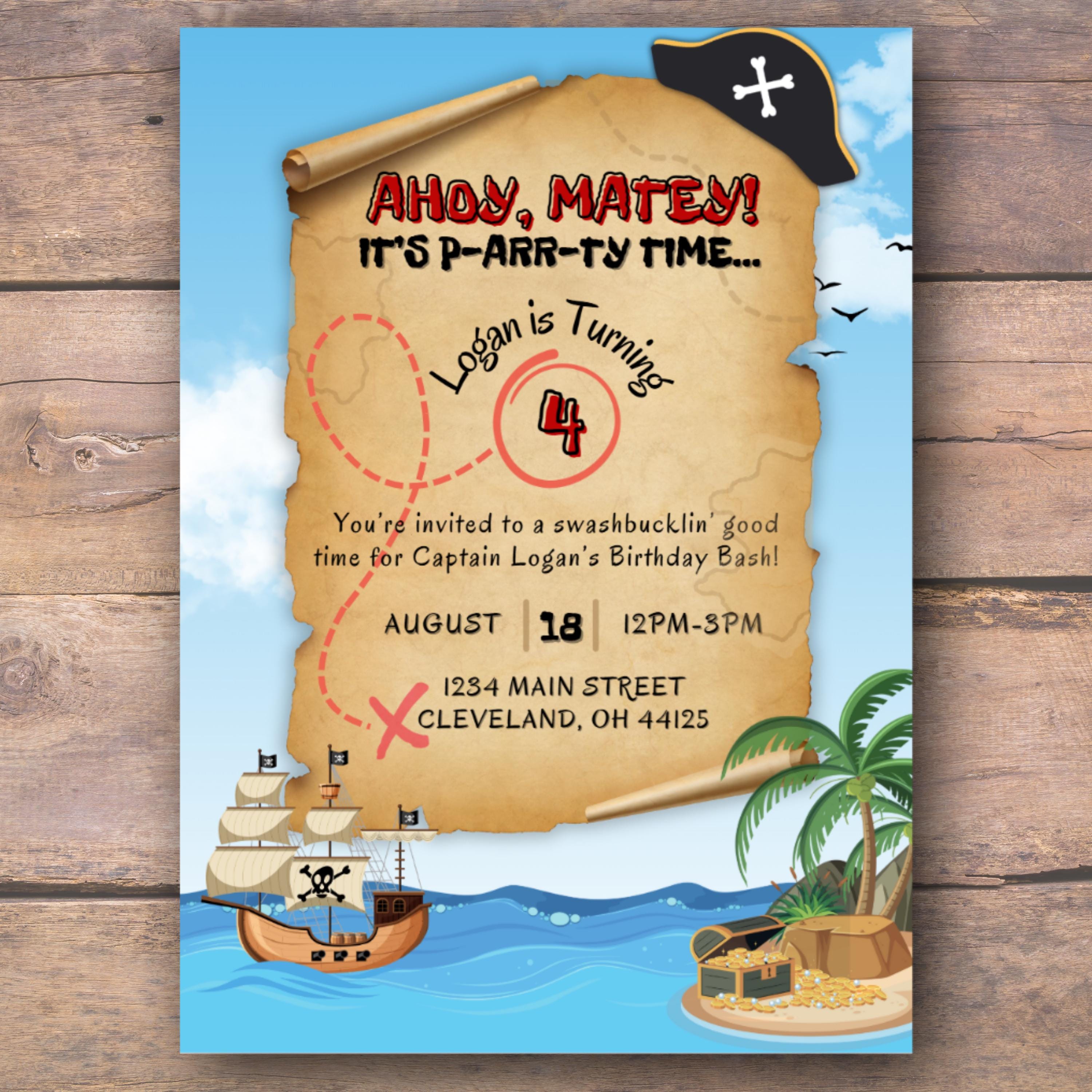 Plantilla de invitación de cumpleaños pirata, personalizable, para niños, editable para cualquier edad.