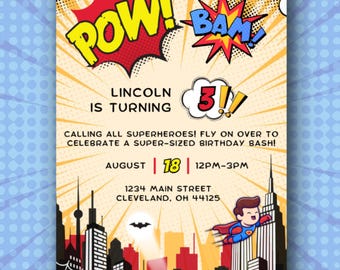 Plantilla de invitación de cumpleaños de superhéroe, personalizable, para niños, editable para cualquier edad.
