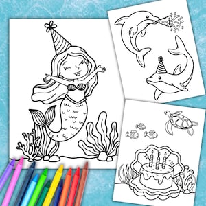 Mermaid Birthday Coloring Pages, Under the Sea Coloring Pages, Mermaid Party Activity, Ocean Theme Printable, Mermaid Theme Printable Favor