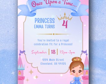 Princess Birthday Invitation Template, Princess Invitation, Customizable Princess Theme Invite, Girls Birthday Invite, Editable Template