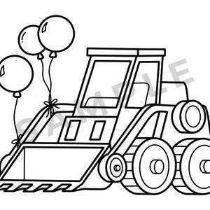 K&ouml;nnte beinhalten: Schwarz-Wei&szlig;-Linienzeichnung eines Baufahrzeugs mit drei daran gebundenen Ballons. Das Fahrzeug hat eine gro&szlig;e Frontschaufel, mehrere R&auml;der und eine Kabine. Die Ballons sind rund und scheinen zu schweben.