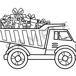 K&ouml;nnte beinhalten: Schwarz-Wei&szlig;-Linienzeichnung eines Muldenkippers, der mit verpackten Geschenkboxen gef&uuml;llt ist. Die Geschenke haben Schleifen oben drauf. Der LKW hat gro&szlig;e R&auml;der und eine detaillierte Kabine.