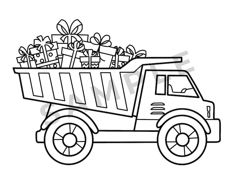 K&ouml;nnte beinhalten: Schwarz-Wei&szlig;-Linienzeichnung eines Muldenkippers, der mit verpackten Geschenkboxen gef&uuml;llt ist. Die Geschenke haben Schleifen oben drauf. Der LKW hat gro&szlig;e R&auml;der und eine detaillierte Kabine.