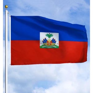 May include: A Haitian flag waving in the wind against a cloudy sky. The flag is divided horizontally, with a blue upper half and a red lower half. The Haitian coat of arms is centered on a white square in the middle of the flag.