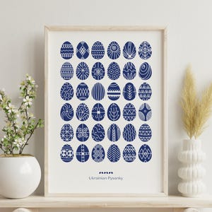 May include: A white framed print with a blue background featuring 36 different Ukrainian pysanky, or Easter eggs, with intricate white designs. The text "Ukrainian Pysanky" is at the bottom of the print.