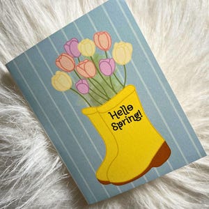 Tarjeta de felicitación de primavera / Tarjeta de primavera con botas de tulipán / Papelería de temporada / Tarjeta de felicitación en blanco