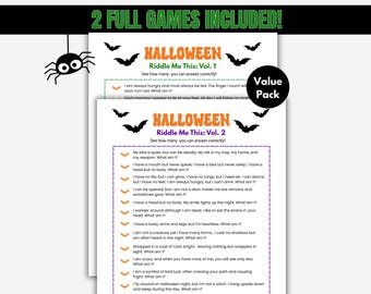 May include: A Halloween-themed value pack featuring two riddle games. The games, titled "Riddle Me This: Vol. 1" and "Vol. 2," are printed on white paper with orange and black text, and include bat illustrations. A black spider hangs from the top.