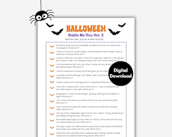 Zagadka na Halloween, gra quizowa, wydrukowana aktywność na imprezę halloweenową, gra biurowa, gra z zagadkami, plik PDF do wydrukowania