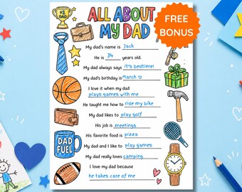 Father's Day Questionnaire, Printable All About My Dad Coloring Page, Fathers Day Gift from Kids, Father's Day Activity, Free Bonus, PDF