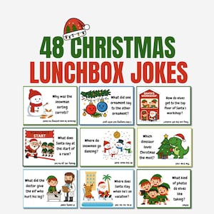 Peut inclure: Une image présentant 48 blagues de Noël pour boîtes à lunch, avec des illustrations et du texte colorés. L'image comprend un chapeau de Père Noël et diverses images sur le thème de Noël, comme des bonhommes de neige, des elfes et des ornements.