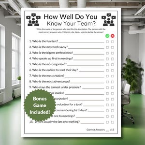 Puede incluir: Un papel blanco con el título "How Well Do You Know Your Team?" presenta una lista de preguntas para determinar las características de los miembros del equipo. El papel incluye una pegatina verde "Bonus Game Included!" y casillas de verificación.