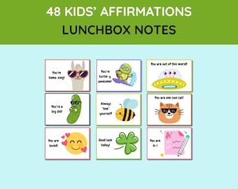 Notes de boîte à lunch pour enfants : 48 cartes de vœux imprimables (téléchargement instantané)