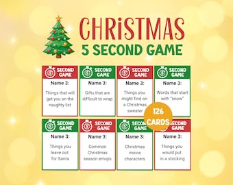 May include: A Christmas-themed card game with the text "CHRISTMAS 5 SECOND GAME." The game includes 126 cards with prompts like "Things that will get you on the naughty list." A Christmas tree graphic is at the top.