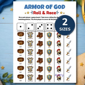 May include: A game board titled "Armor of God Roll & Race" with illustrations of armor pieces, dice, and the text "2 Sizes." The game includes images of belts, breastplates, shoes, shields, helmets, and swords. The game is designed for multiple players.