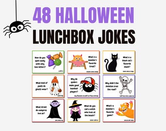48 Halloween-matlådeskämt för barn, utskrivbara matlådekort, Halloween-matlådeanteckningar, roliga gåtor och ordlekar, Halloweenskämt, PDF-utskrift