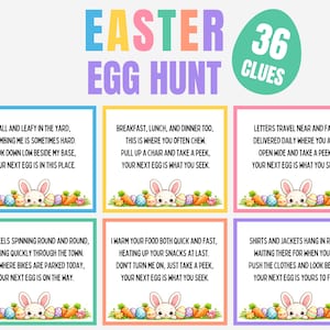Caccia alle uova di Pasqua, 36 indizi stampabili per interni ed esterni, caccia al tesoro per bambini, attività di caccia al tesoro con il coniglietto pasquale, PDF
