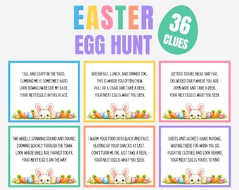 Caccia alle uova di Pasqua, 36 indizi stampabili per interni ed esterni, caccia al tesoro per bambini, attività di caccia al tesoro con il coniglietto pasquale, PDF
