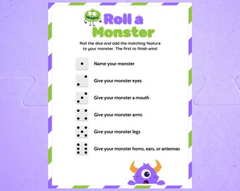 Könnte beinhalten: Ein ausdruckbares Spielblatt mit dem Titel "Roll a Monster" mit Anweisungen und Würfelaufforderungen. Das Blatt hat einen lila-grünen Streifenrand und zeigt eine Cartoon-Monster-Illustration. Das Spiel beinhaltet das Würfeln, um einem Monster Merkmale hinzuzufügen.